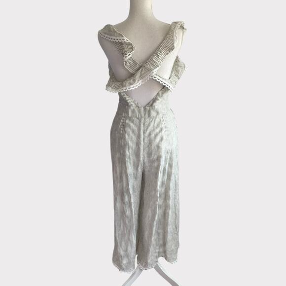 Stevie May Elm Pantsuit 100% Linen Wide Leg Jumpsuit Pin Stripe Eyelet Trim L - Picture 6 of 11